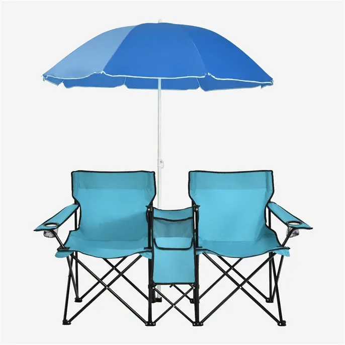 Doppelt klappbare Picknickstühle mit Sonnenschirm, Mini-Tisch, Getränkehalter und Tragetasche