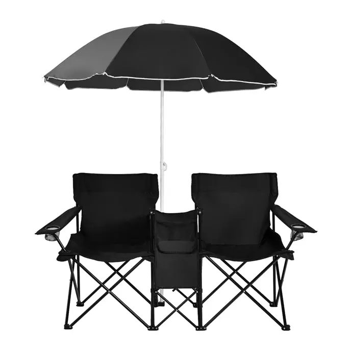 Doppelt klappbare Picknickstühle mit Sonnenschirm, Mini-Tisch, Getränkehalter und Tragetasche