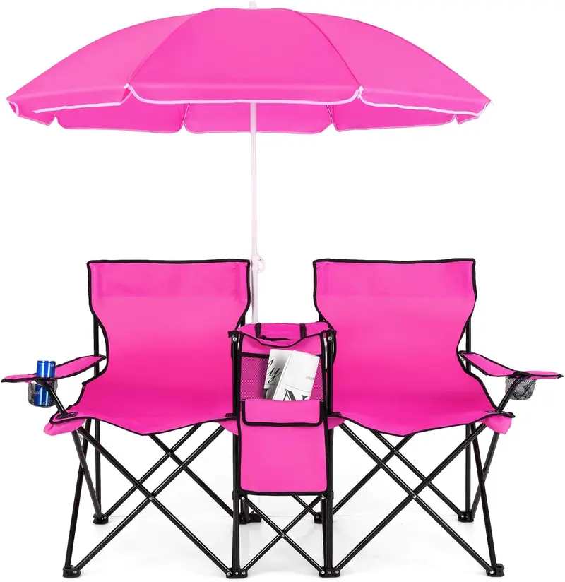 Doppelt klappbare Picknickstühle mit Sonnenschirm, Mini-Tisch, Getränkehalter und Tragetasche