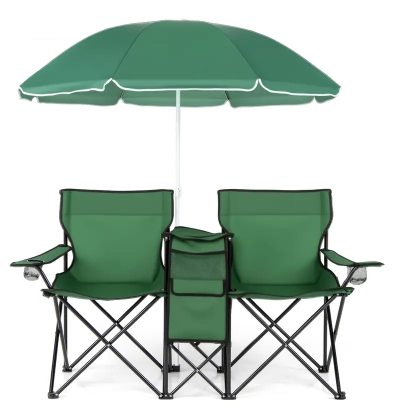 Doppelt klappbare Picknickstühle mit Sonnenschirm, Mini-Tisch, Getränkehalter und Tragetasche