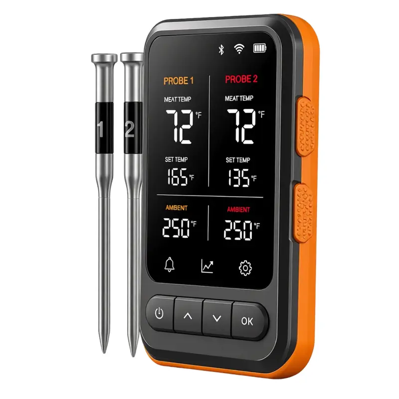 Drahtloses WiFi- und Bluetooth-Fleischthermometer mit zwei Sensoren und Standfuß 2