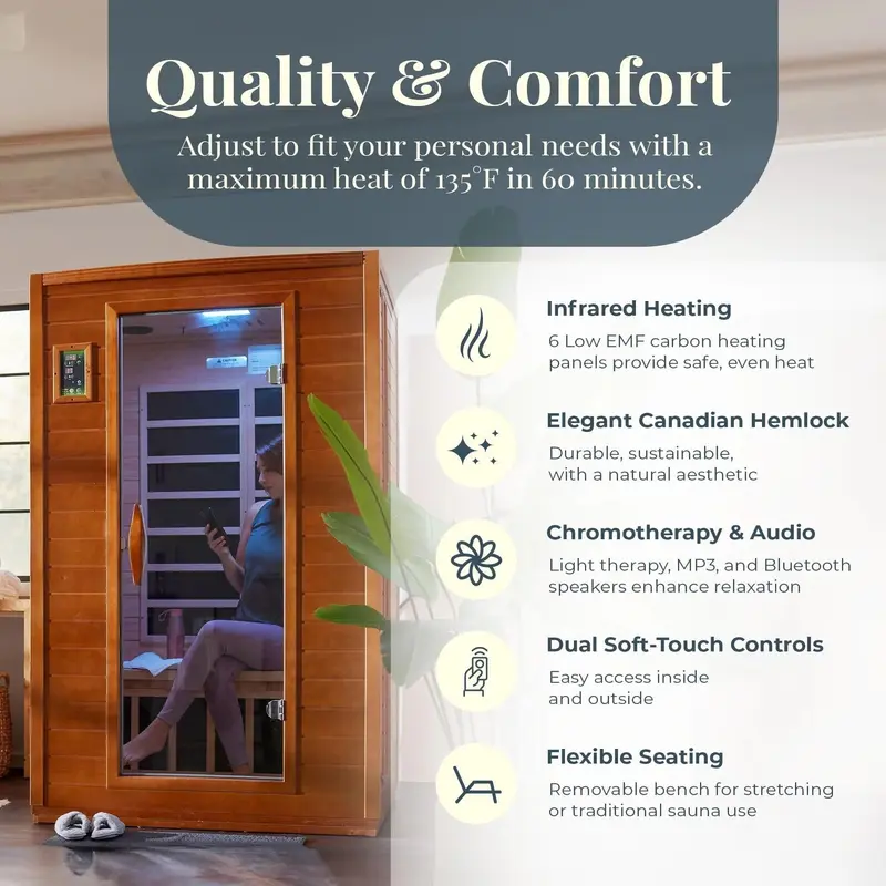 Dynamic Saunas Andora – 2-Personen-Far-Infrarotsauna mit niedriger EMF-Strahlung, aus kanadischem Hemlock-Holz