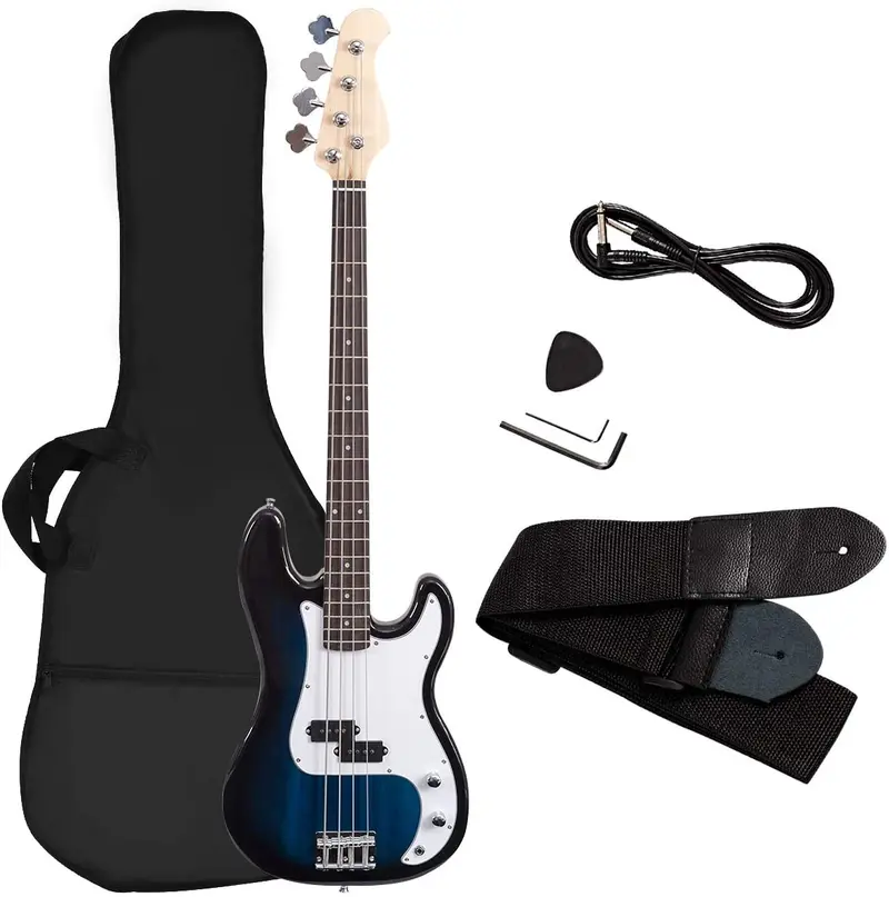 E-Bass-Gitarre in voller Größe mit 4 Saiten, Gurt, Tasche, Verstärkerkabel