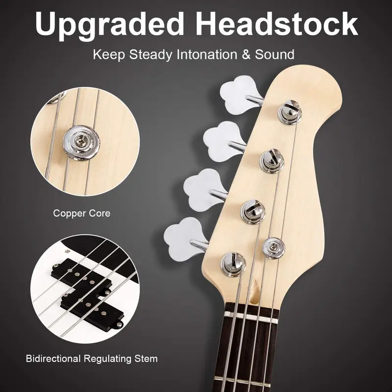 E-Bass-Gitarre in voller Größe mit 4 Saiten, Gurt, Tasche, Verstärkerkabel