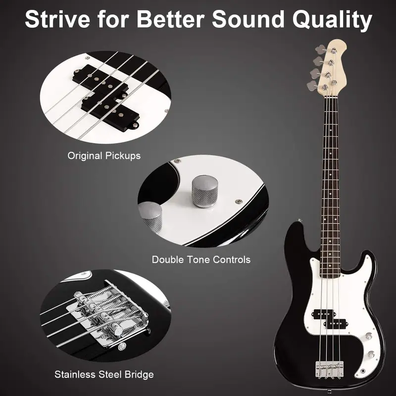 E-Bass-Gitarre in voller Größe mit 4 Saiten, Gurt, Tasche, Verstärkerkabel