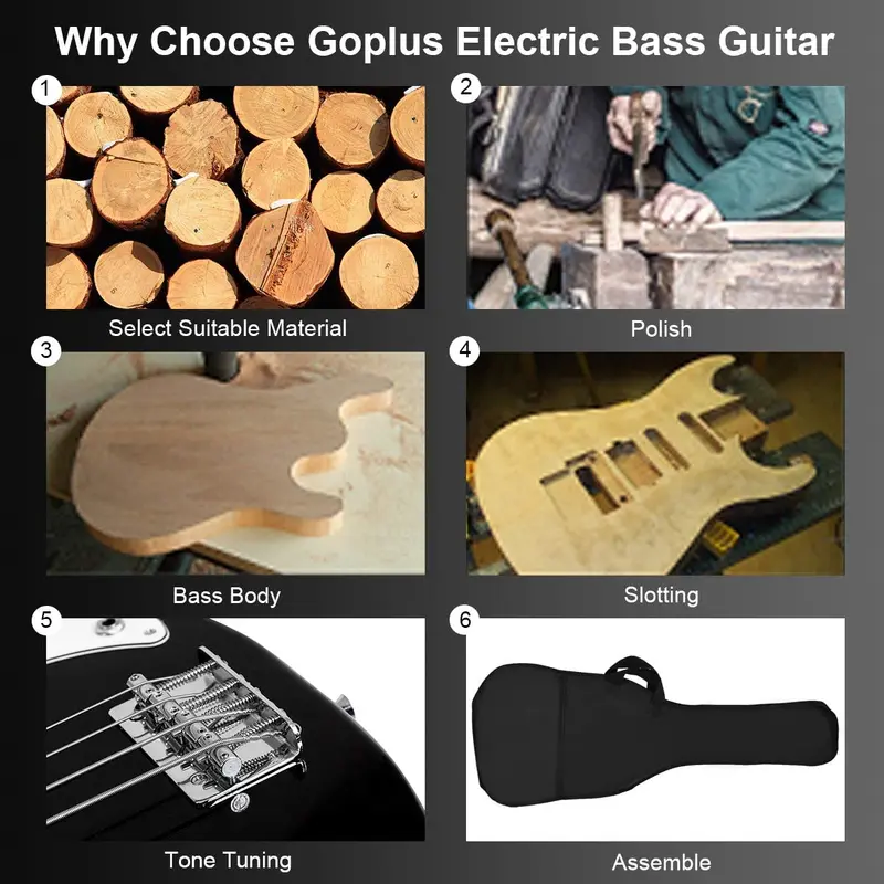 E-Bass-Gitarre in voller Größe mit 4 Saiten, Gurt, Tasche, Verstärkerkabel