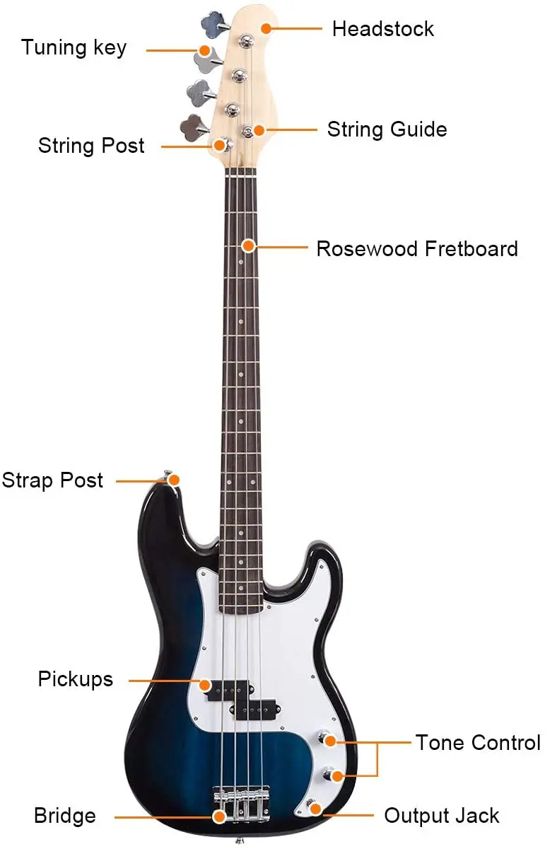 E-Bass-Gitarre in voller Größe mit 4 Saiten, Gurt, Tasche, Verstärkerkabel
