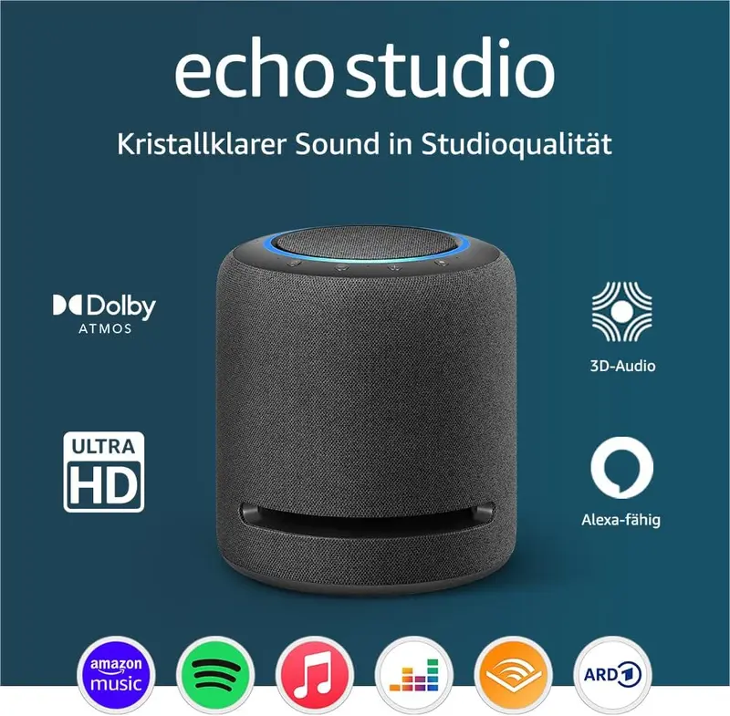 Echo Studio (neueste Generation) | Der beste Klang, den unsere intelligenten WLAN- und Bluetooth-Lautsprecher je geboten haben – mit Dolby Atmos, 3D-Audio, Smart-Home-Hub und Alexa | Weiß