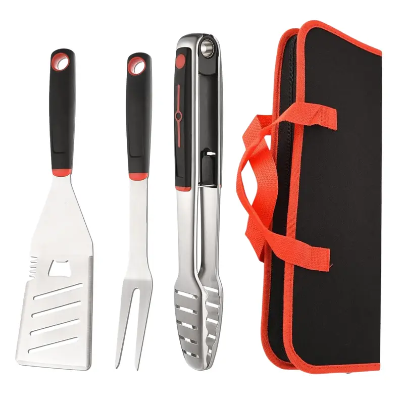 Edelstahl-Grillbesteck-Set mit Spatel, Gabel, Zange und Transporttasche
