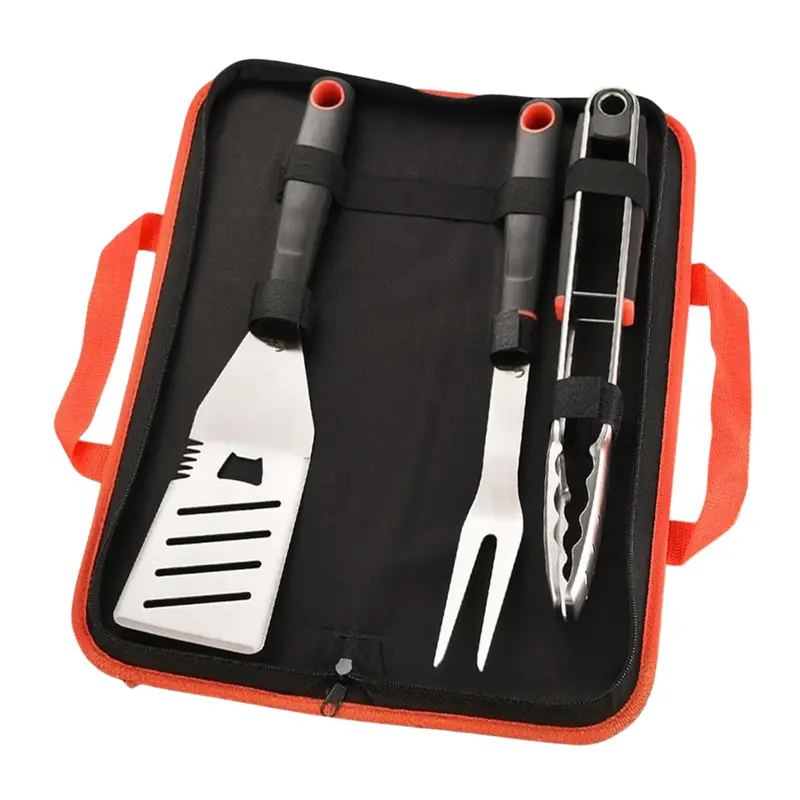 Edelstahl-Grillbesteck-Set mit Spatel, Gabel, Zange und Transporttasche 2
