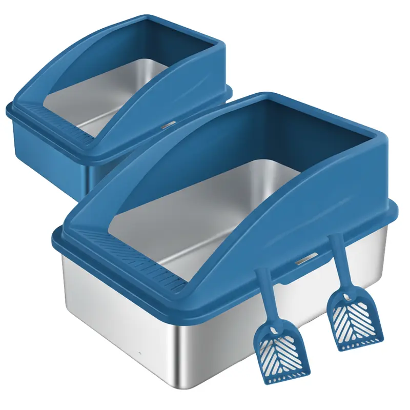 Edelstahl-Katzenstreu-Kasten-Set mit hohen Wänden und Streuschaufel, 2er-Pack