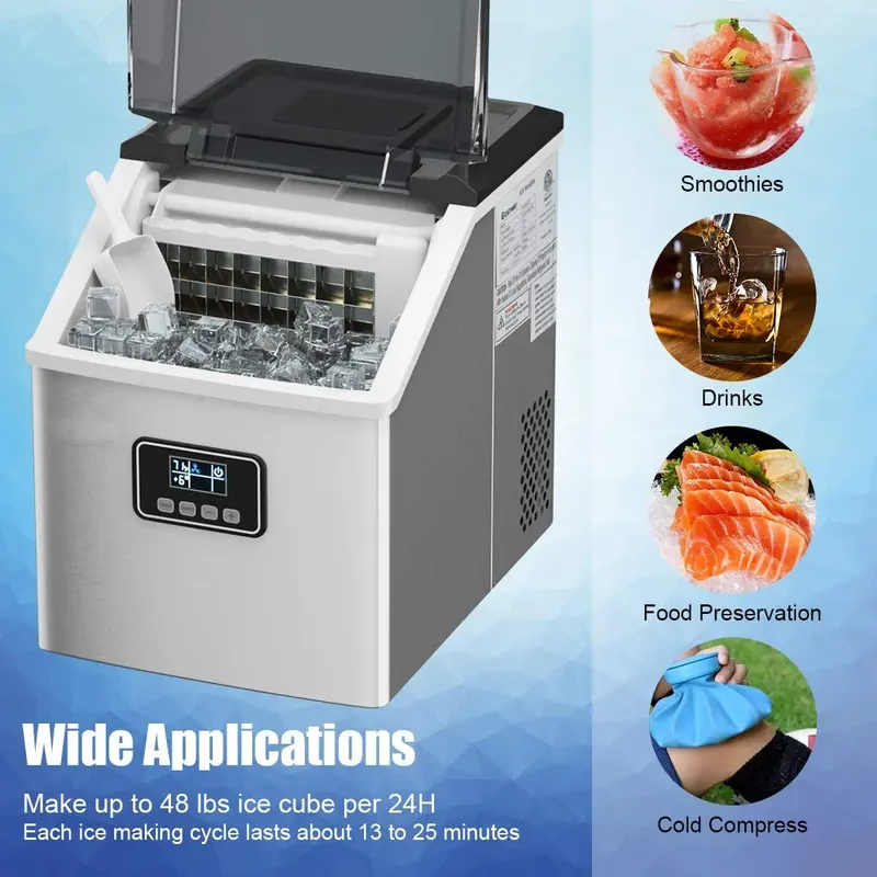 Eiswürfelmaschine für die Arbeitsfläche, Edelstahl, 48 lbs/24 Std., Selbstreinigungsfunktion