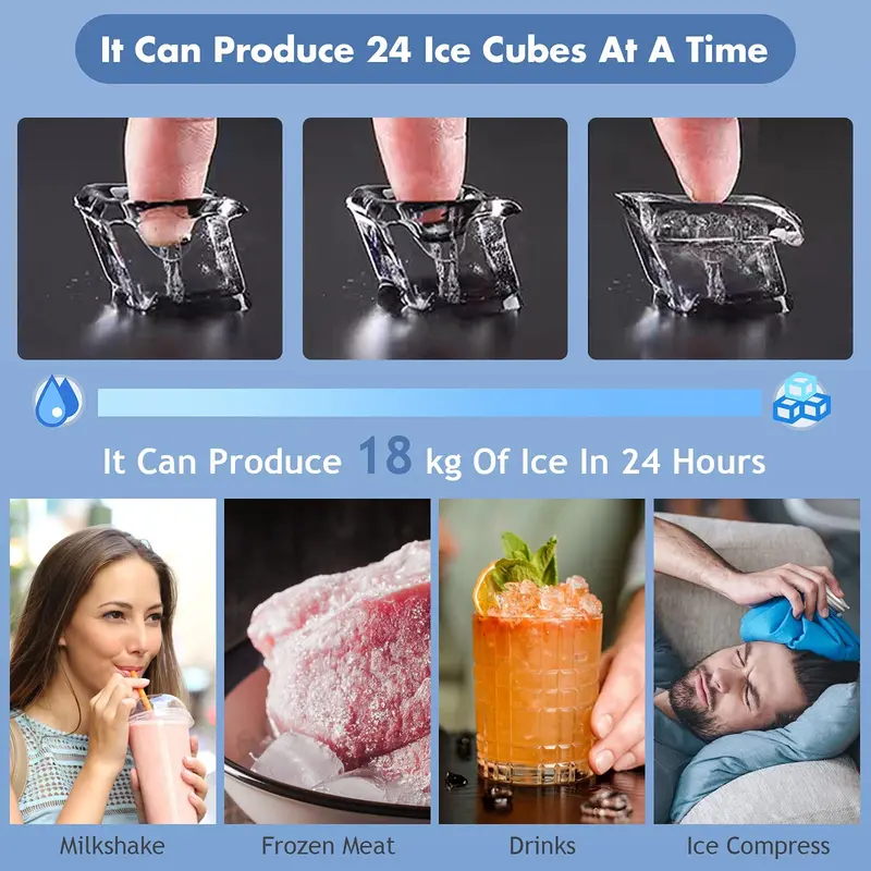Eiswürfelmaschine für die Arbeitsplatte, 20,4 kg/24 Std., 24 Eiswürfel/13 Min., 2 Möglichkeiten zum Wasserzuführen