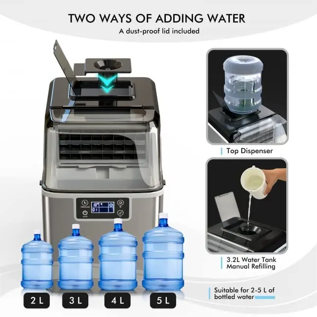 Eiswürfelmaschine für die Arbeitsplatte, 20,4 kg/24 Std., 24 Eiswürfel/13 Min., 2 Möglichkeiten zum Wasserzuführen
