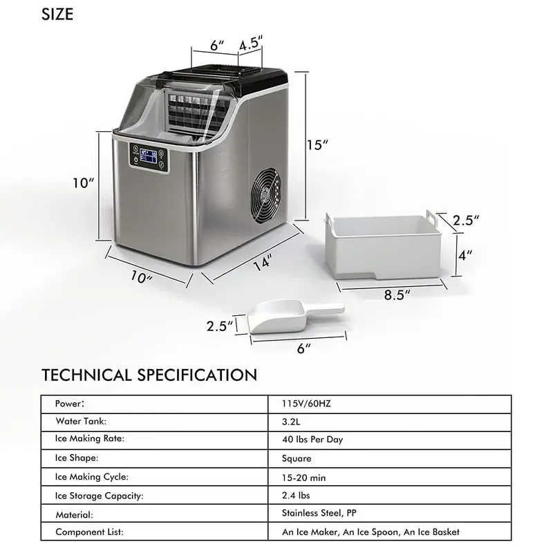 Eiswürfelmaschine für die Arbeitsplatte, 20,4 kg/24 Std., 24 Eiswürfel/13 Min., 2 Möglichkeiten zum Wasserzuführen