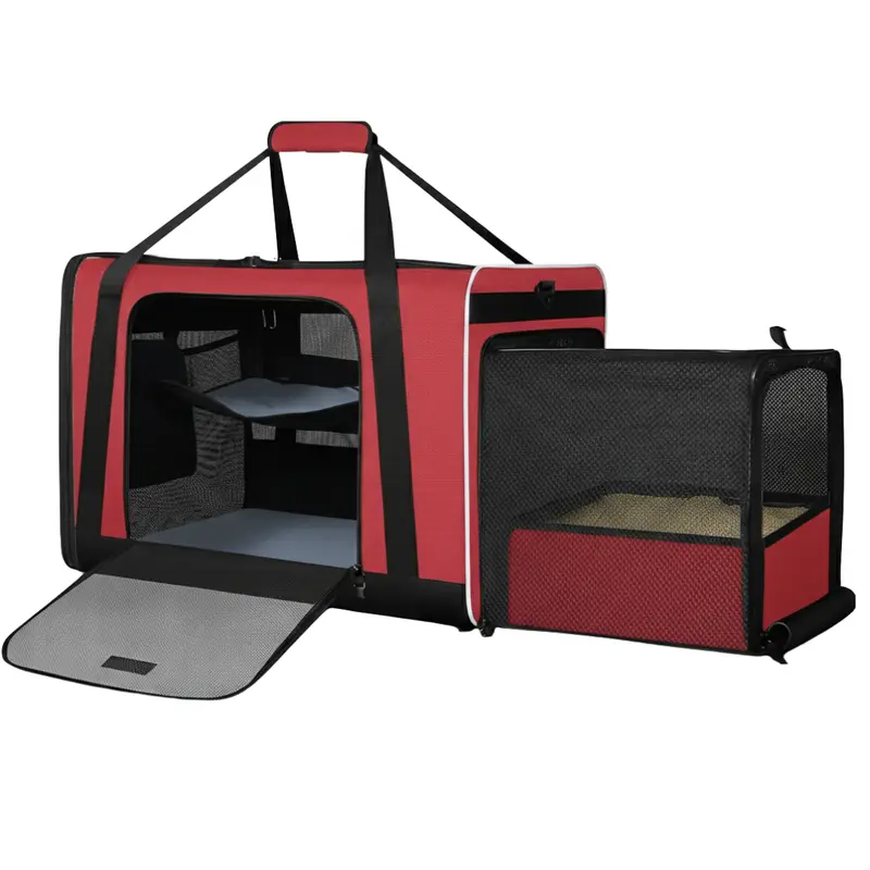 Erweiterbarer Transportkäfig mit integriertem Katzenklo-Bereich, 61 × 43 × 43 cm, für Auto