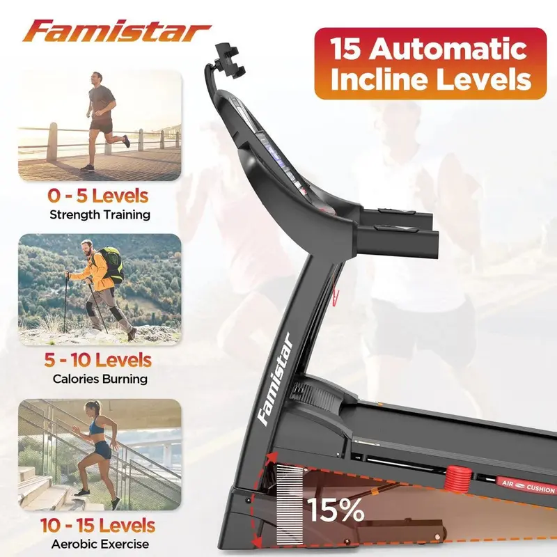Famistar-Klapp-Laufband für zu Hause mit 15-stufiger automatischer Neigung, 136 kg Tragkraft und schnellen Geschwindigkeitskontrollen bis 16 km/h (10 mph)