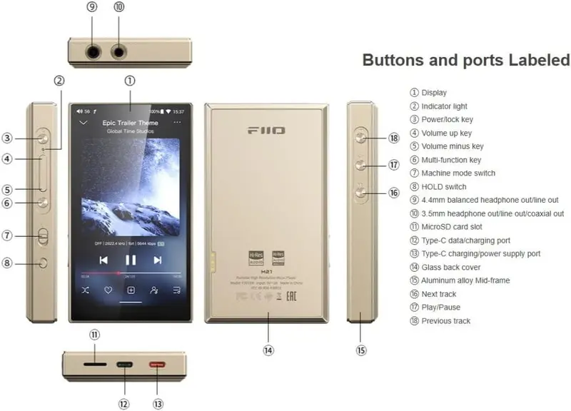 FiiO M21 Android-13-Hi-Res-Musikplayer, Snapdragon 680, Blau-Schwarz