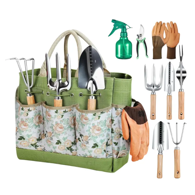 Gartengerät-Set mit Aufbewahrungstasche aus Canvas, Edelstahl-Geräte