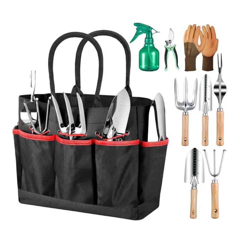 Gartengerät-Set mit Aufbewahrungstasche aus Canvas, Edelstahl-Geräte