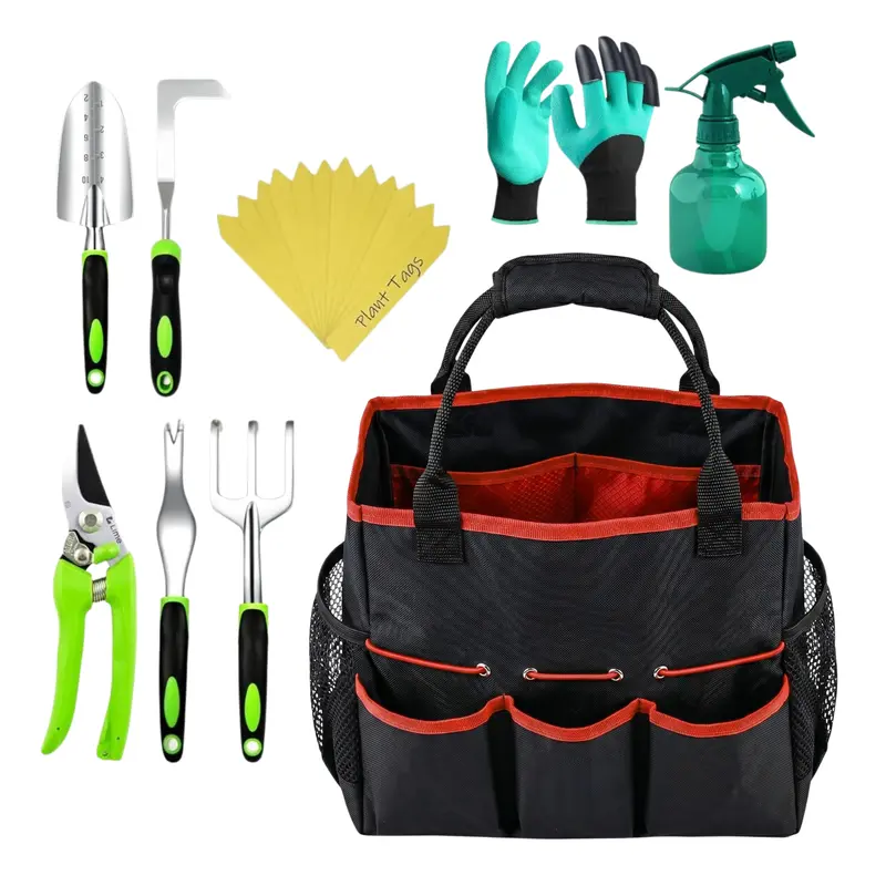 Gartengeräte-Set mit Aufbewahrungstasche, Pflanzenschildern, Handschuhen und Sprühflasche
