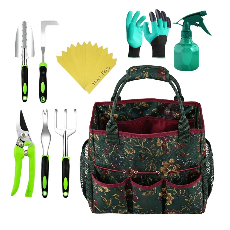 Gartengeräte-Set mit Aufbewahrungstasche, Pflanzenschildern, Handschuhen und Sprühflasche 2