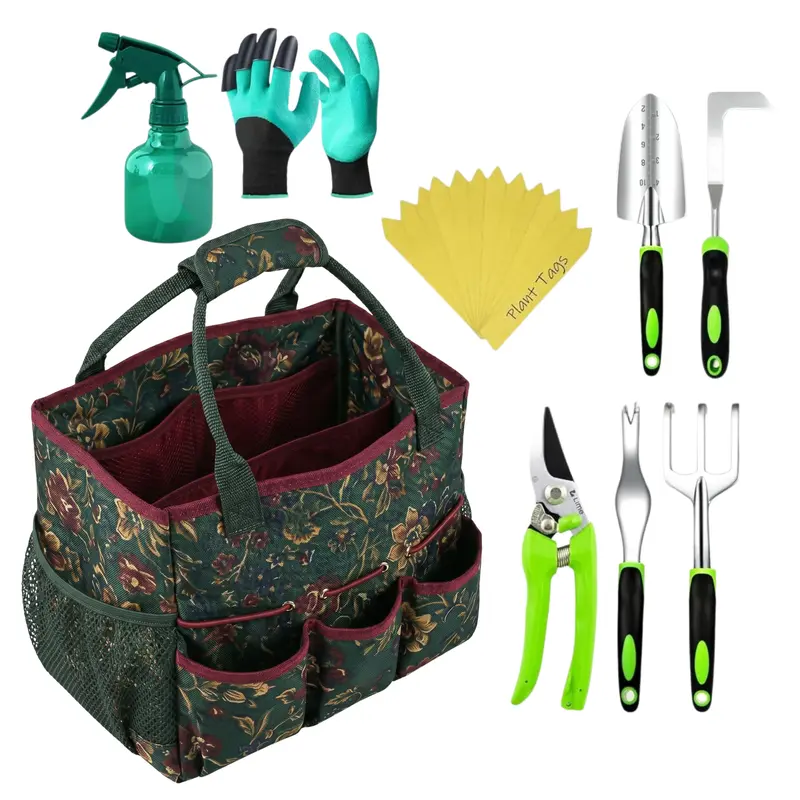 Gartengeräte-Set mit Aufbewahrungstasche, Pflanzenschildern, Handschuhen und Sprühflasche