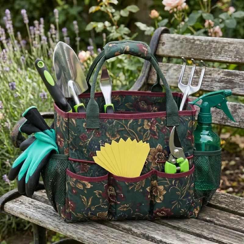 Gartengeräte-Set mit Aufbewahrungstasche, Pflanzenschildern, Handschuhen und Sprühflasche