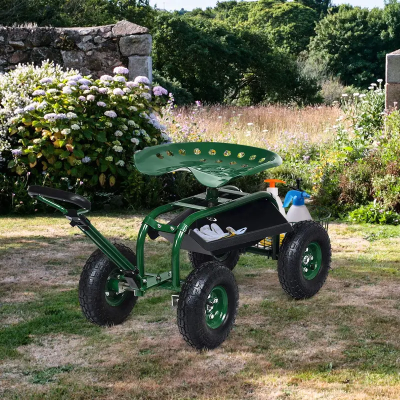 Gartenwagen mit Arbeitssitz und Rädern, Terrassenwagen/Scooter für Pflanzarbeiten, 96,5 cm × 43,2 cm × 53,3–53,3 cm (L × B × H) 2