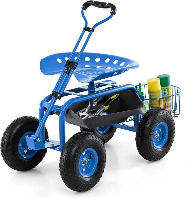 Gartenwagen mit Arbeitssitz und Rädern, Terrassenwagen/Scooter für Pflanzarbeiten, 96,5 cm × 43,2 cm × 53,3–53,3 cm (L × B × H)