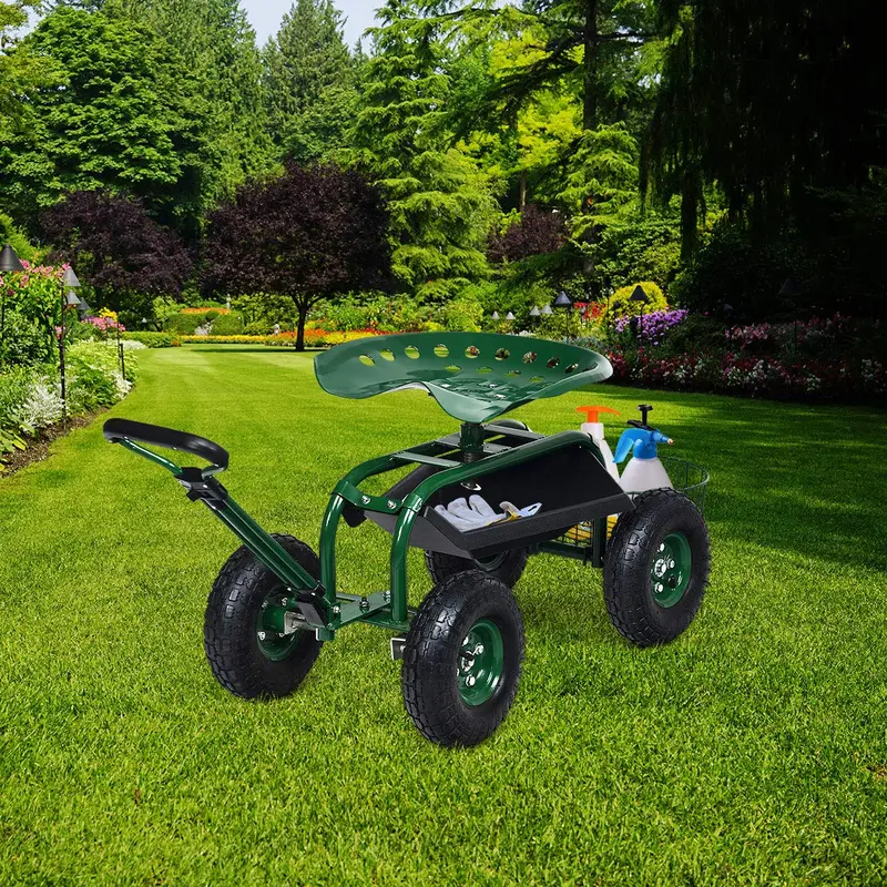 Gartenwagen mit Arbeitssitz und Rädern, Terrassenwagen/Scooter für Pflanzarbeiten, 96,5 cm × 43,2 cm × 53,3–53,3 cm (L × B × H)