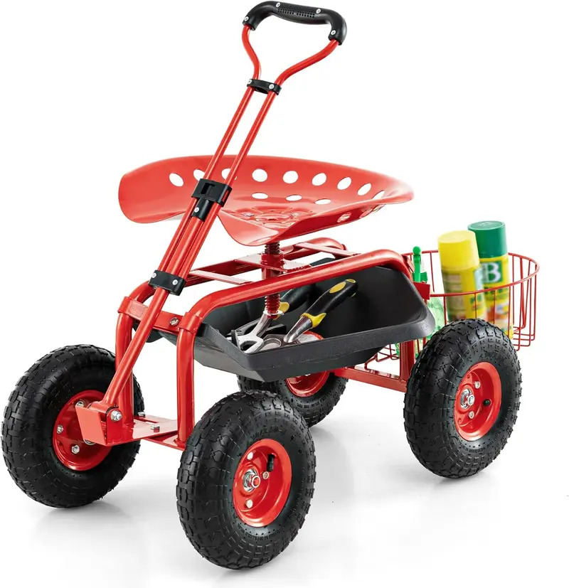 Gartenwagen mit Arbeitssitz und Rädern, Terrassenwagen/Scooter für Pflanzarbeiten, 96,5 cm × 43,2 cm × 53,3–53,3 cm (L × B × H)