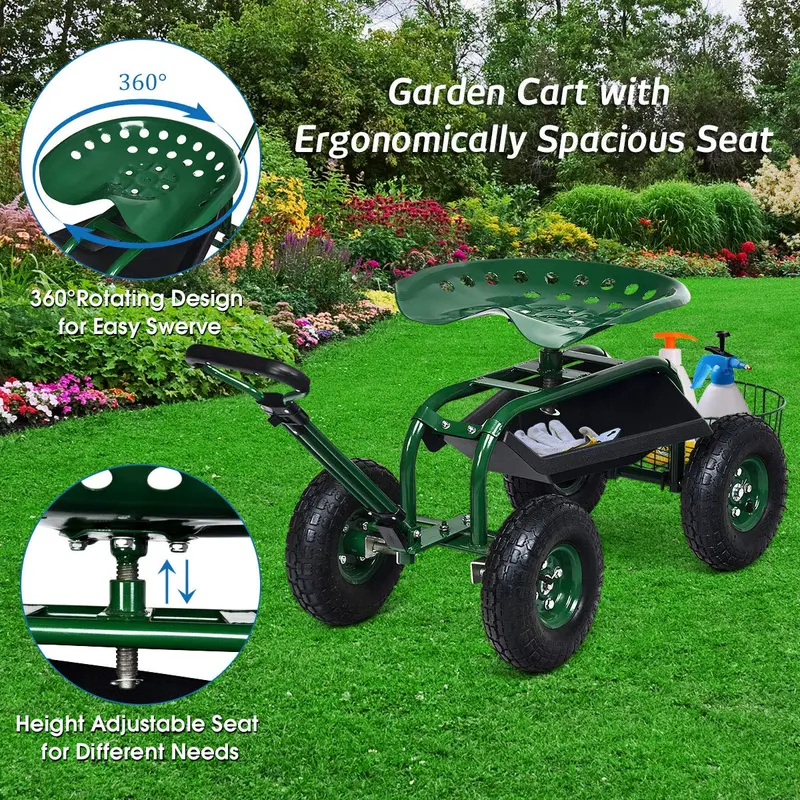 Gartenwagen mit Arbeitssitz und Rädern, Terrassenwagen/Scooter für Pflanzarbeiten, 96,5 cm × 43,2 cm × 53,3–53,3 cm (L × B × H)