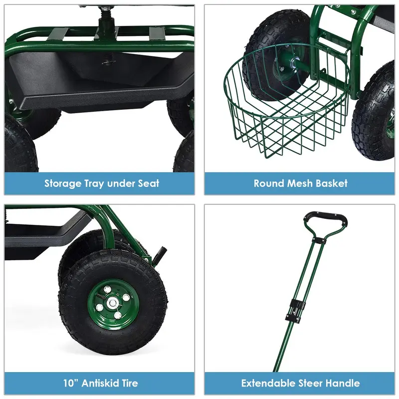 Gartenwagen mit Arbeitssitz und Rädern, Terrassenwagen/Scooter für Pflanzarbeiten, 96,5 cm × 43,2 cm × 53,3–53,3 cm (L × B × H)