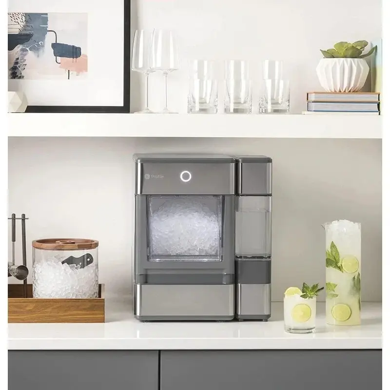 GE Profile Opal-Tablett-Eiswürfelmaschine für Nugget-Eis, Edelstahl, Bluetooth-fähig, tragbar, schnelle Eisherstellung