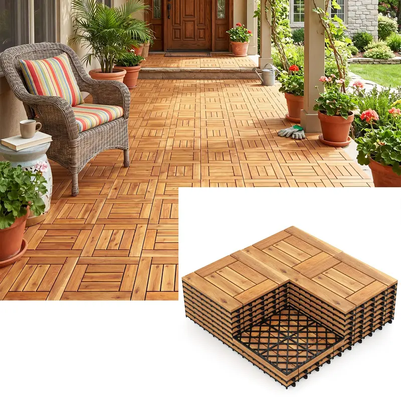 Giantex Deckplatten aus Akazienholz mit goldener Teak-Optik – 27/54 sq.ft, wasserdicht, für Außenbereiche