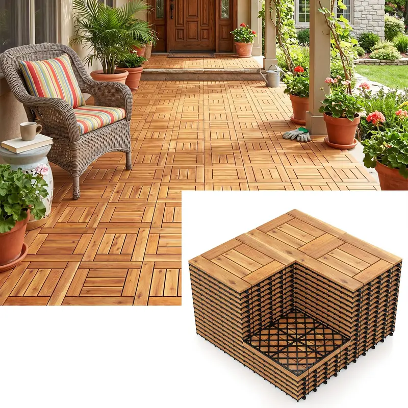 Giantex Deckplatten aus Akazienholz mit goldener Teak-Optik – 27/54 sq.ft, wasserdicht, für Außenbereiche 2