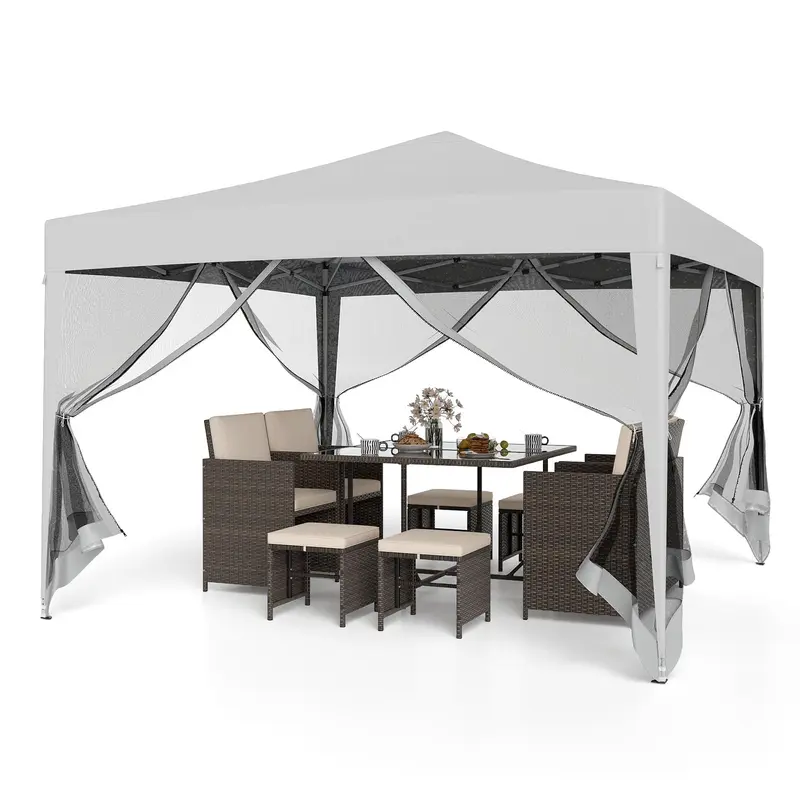Goplus 10 ft × 10 ft Pop-up-Partyzelt, schnell aufbaubares Klappzelt mit Insektenschutznetz, Tragetasche, 8 Bodenstaken und 4 Abspannseilen, höhenverstellbarer Sonnenschutz, professionelles Zelt für Camping