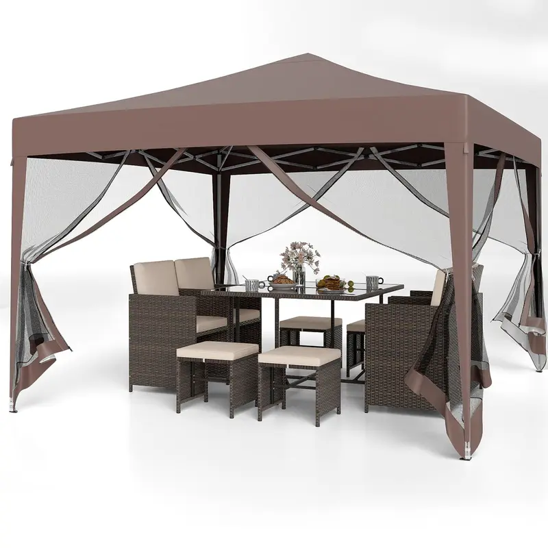 Goplus 10 ft × 10 ft Pop-up-Partyzelt, schnell aufbaubares Klappzelt mit Insektenschutznetz, Tragetasche, 8 Bodenstaken und 4 Abspannseilen, höhenverstellbarer Sonnenschutz, professionelles Zelt für Camping 2