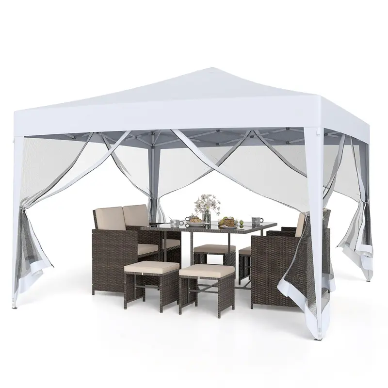 Goplus 10 ft × 10 ft Pop-up-Partyzelt, schnell aufbaubares Klappzelt mit Insektenschutznetz, Tragetasche, 8 Bodenstaken und 4 Abspannseilen, höhenverstellbarer Sonnenschutz, professionelles Zelt für Camping