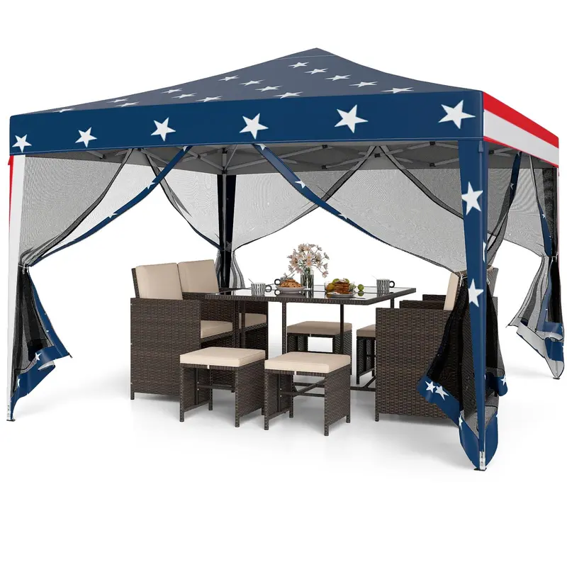 Goplus 10 ft × 10 ft Pop-up-Partyzelt, schnell aufbaubares Klappzelt mit Insektenschutznetz, Tragetasche, 8 Bodenstaken und 4 Abspannseilen, höhenverstellbarer Sonnenschutz, professionelles Zelt für Camping
