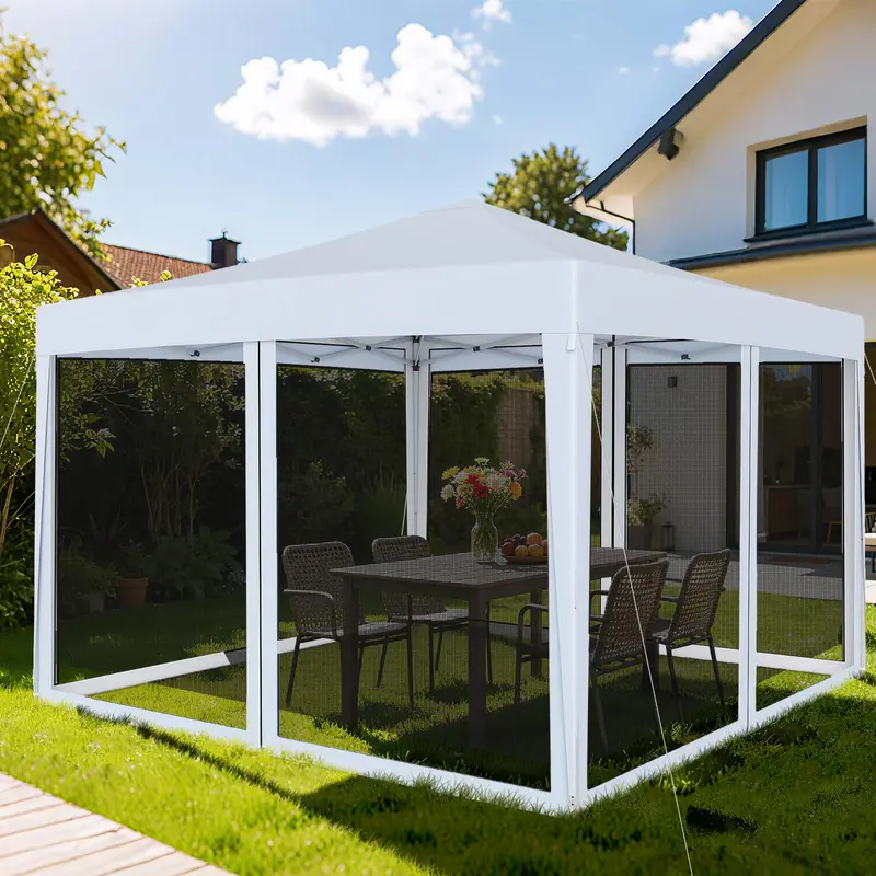 Goplus 10 ft × 10 ft Pop-up-Partyzelt, schnell aufbaubares Klappzelt mit Insektenschutznetz, Tragetasche, 8 Bodenstaken und 4 Abspannseilen, höhenverstellbarer Sonnenschutz, professionelles Zelt für Camping