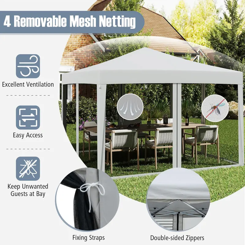 Goplus 10 ft × 10 ft Pop-up-Partyzelt, schnell aufbaubares Klappzelt mit Insektenschutznetz, Tragetasche, 8 Bodenstaken und 4 Abspannseilen, höhenverstellbarer Sonnenschutz, professionelles Zelt für Camping
