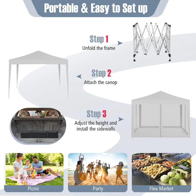 Goplus 10 ft × 10 ft Pop-up-Partyzelt, schnell aufbaubares Klappzelt mit Insektenschutznetz, Tragetasche, 8 Bodenstaken und 4 Abspannseilen, höhenverstellbarer Sonnenschutz, professionelles Zelt für Camping
