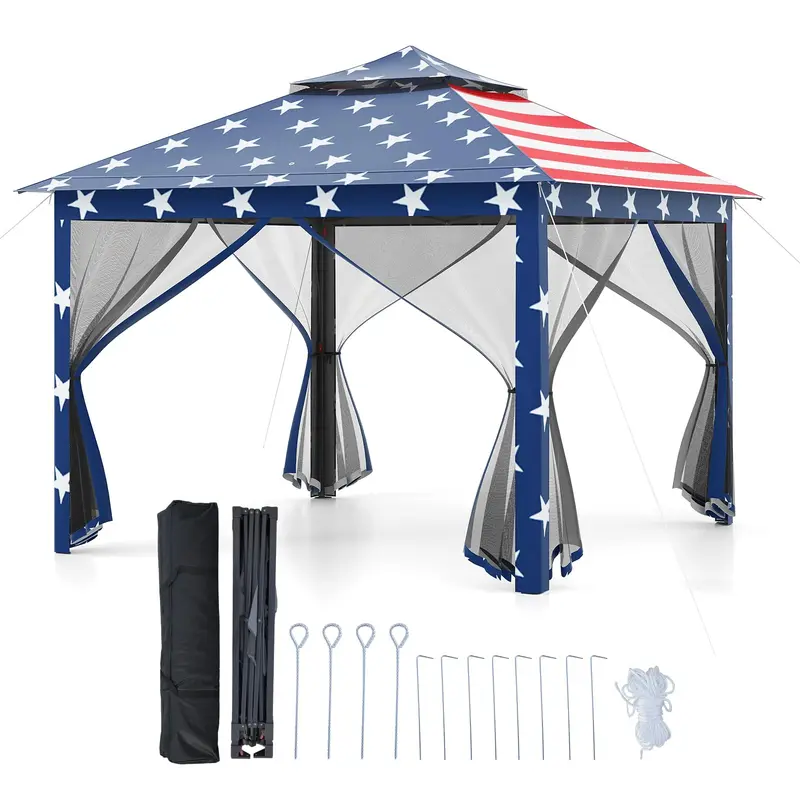 Goplus 11 ft × 11 ft Klapp-Gazebo mit Netz-Wänden, belüfteter Dachkonstruktion und Ablauföffnungen