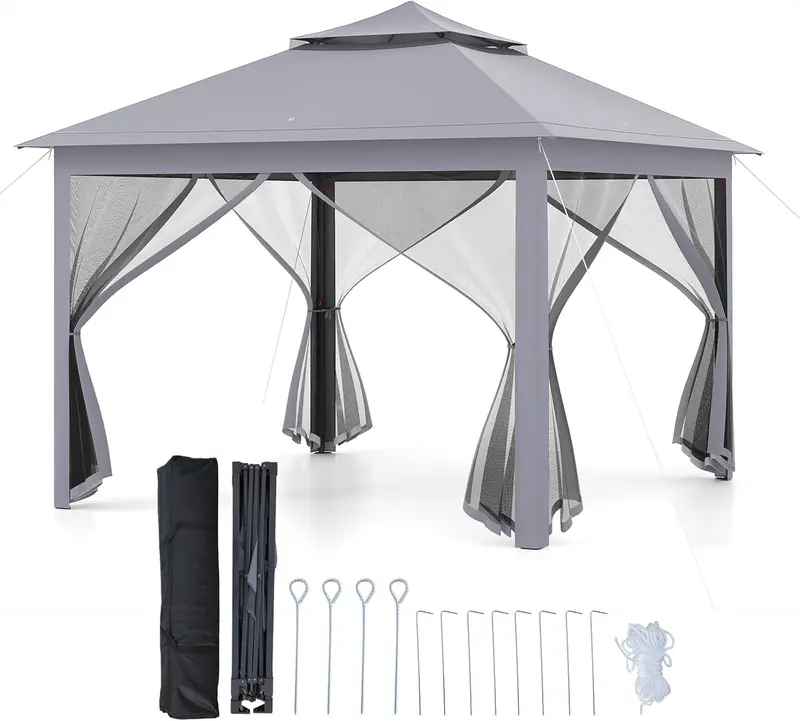 Goplus 11 ft × 11 ft Klapp-Gazebo mit Netz-Wänden, belüfteter Dachkonstruktion und Ablauföffnungen 2