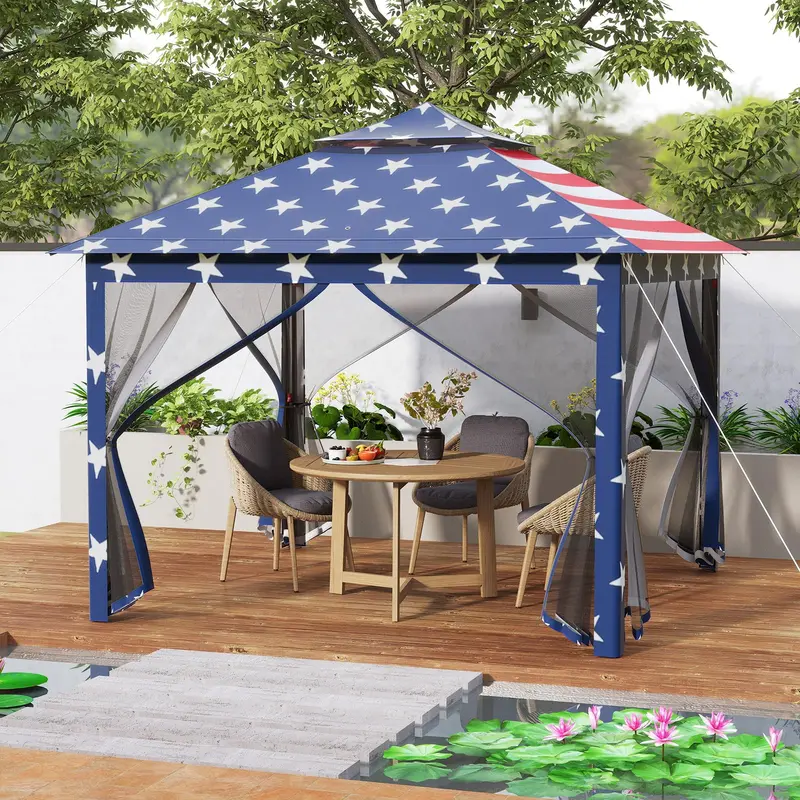 Goplus 11 ft × 11 ft Klapp-Gazebo mit Netz-Wänden, belüfteter Dachkonstruktion und Ablauföffnungen