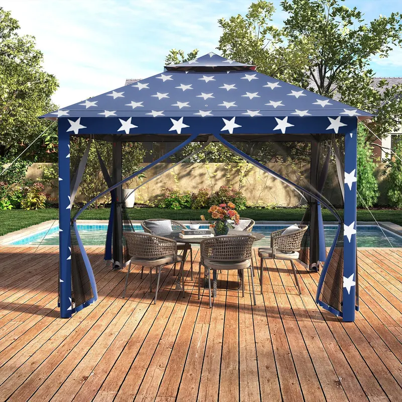 Goplus 11 ft × 11 ft Klapp-Gazebo mit Netz-Wänden, belüfteter Dachkonstruktion und Ablauföffnungen