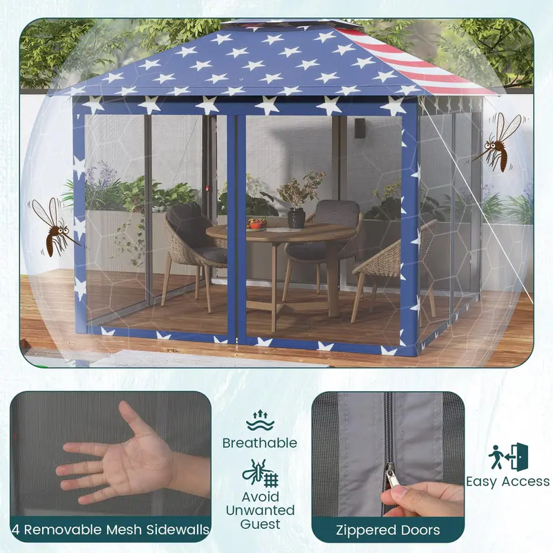 Goplus 11 ft × 11 ft Klapp-Gazebo mit Netz-Wänden, belüfteter Dachkonstruktion und Ablauföffnungen