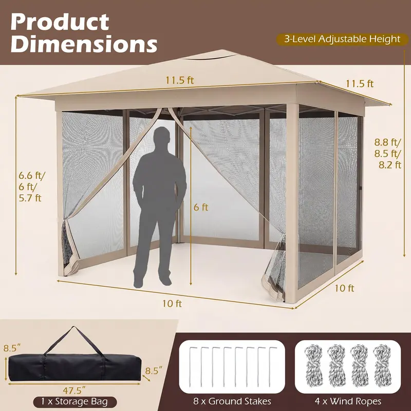 GoPlus 11,5 x 11,5 ft Klapp-Pavillon für eine Person – einfach aufzubauen, mit Insektenschutznetz